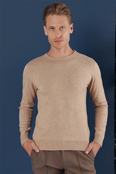 Slim Fit Ribanalı Düz Bej Yünlü Bisiklet Yaka Triko Kazak TR 858