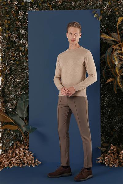 Slim Fit Ribanalı Düz Bej Yünlü Bisiklet Yaka Triko Kazak TR 858