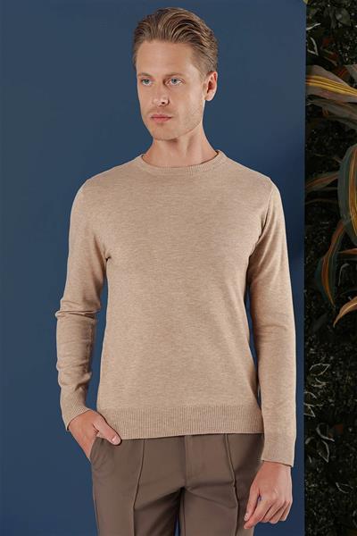 Slim Fit Ribanalı Düz Bej Yünlü Bisiklet Yaka Triko Kazak TR 858