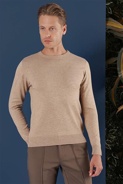 Slim Fit Ribanalı Düz Bej Yünlü Bisiklet Yaka Triko Kazak TR 858