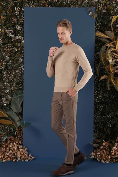 Slim Fit Ribanalı Düz Bej Yünlü Bisiklet Yaka Triko Kazak TR 858