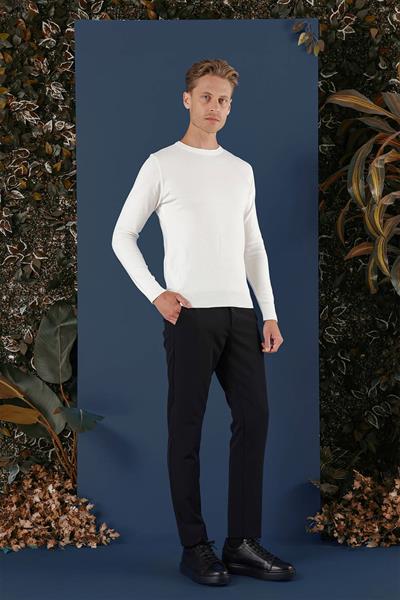 Slim Fit Ribanalı Düz Ekru Yünlü Bisiklet Yaka Triko Kazak TR 858