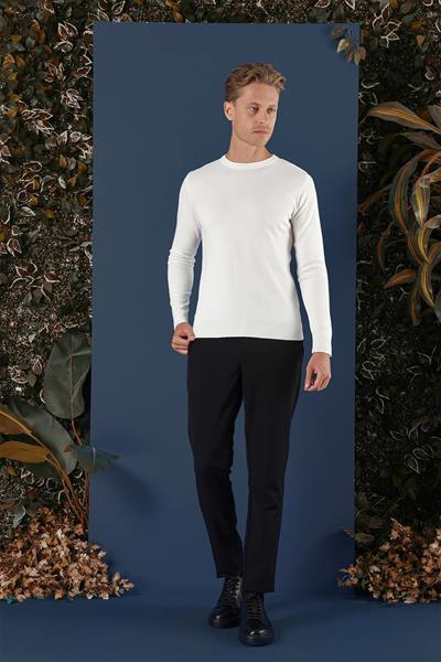 Slim Fit Ribanalı Düz Ekru Yünlü Bisiklet Yaka Triko Kazak TR 858