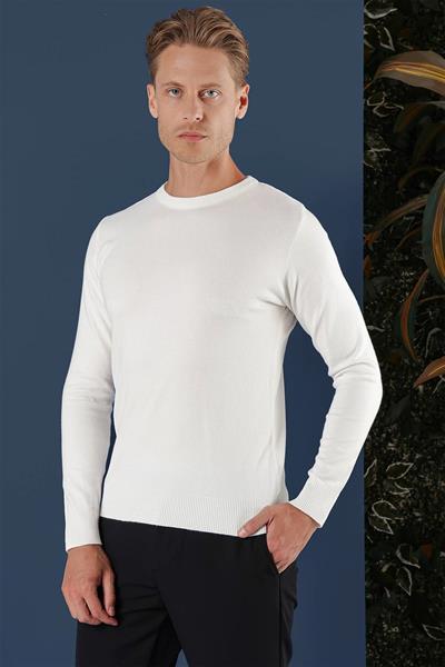 Slim Fit Ribanalı Düz Ekru Yünlü Bisiklet Yaka Triko Kazak TR 858