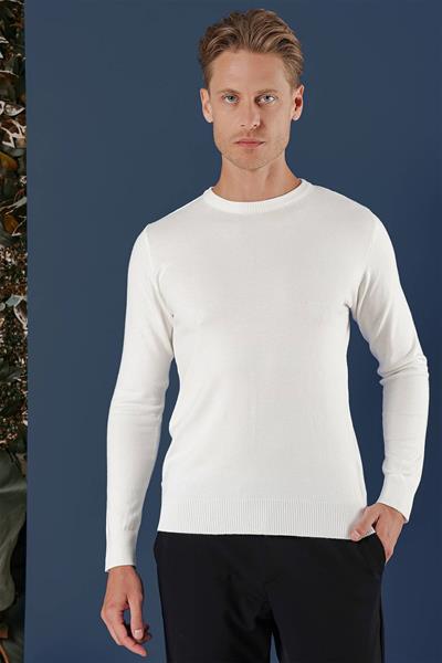 Slim Fit Ribanalı Düz Ekru Yünlü Bisiklet Yaka Triko Kazak TR 858