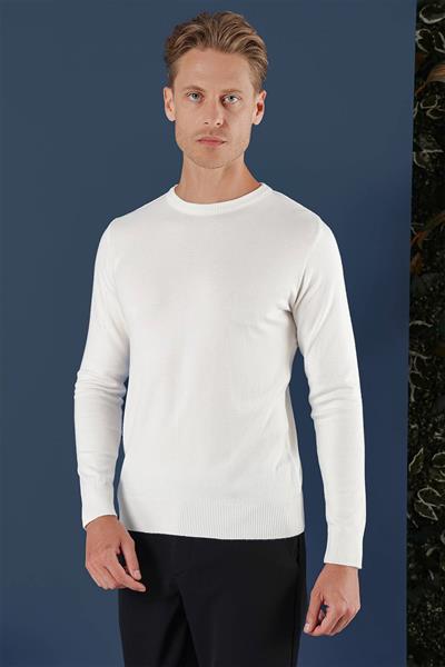 Slim Fit Ribanalı Düz Ekru Yünlü Bisiklet Yaka Triko Kazak TR 858