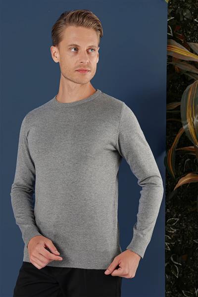 Slim Fit Ribanalı Düz Gri Yünlü Bisiklet Yaka Triko Kazak TR 858