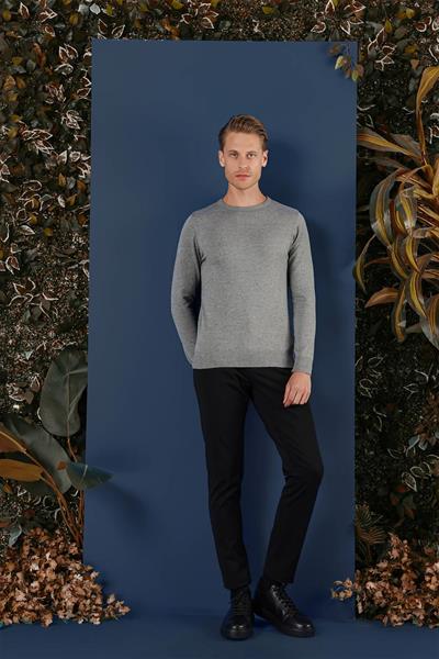 Slim Fit Ribanalı Düz Gri Yünlü Bisiklet Yaka Triko Kazak TR 858