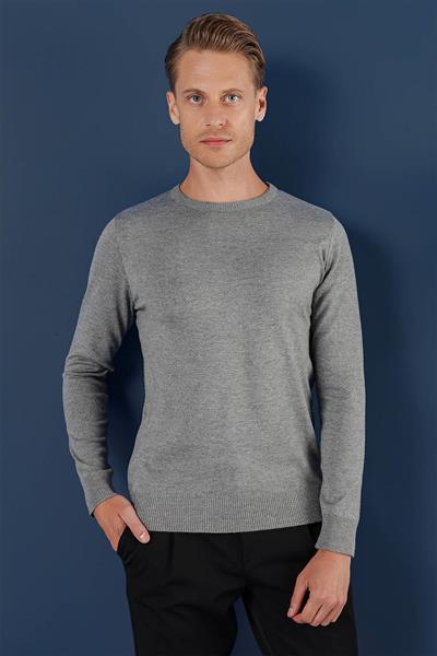 Slim Fit Ribanalı Düz Gri Yünlü Bisiklet Yaka Triko Kazak TR 858
