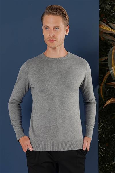 Slim Fit Ribanalı Düz Gri Yünlü Bisiklet Yaka Triko Kazak TR 858