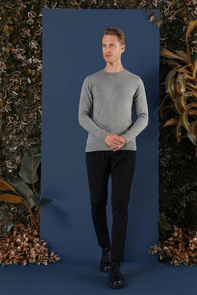 Slim Fit Ribanalı Düz Gri Yünlü Bisiklet Yaka Triko Kazak TR 858