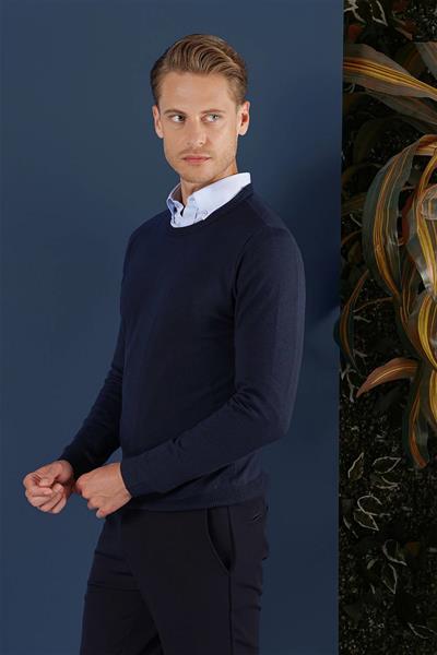 Slim Fit Ribanalı Düz Lacivert Yünlü Bisiklet Yaka Triko Kazak TR 858