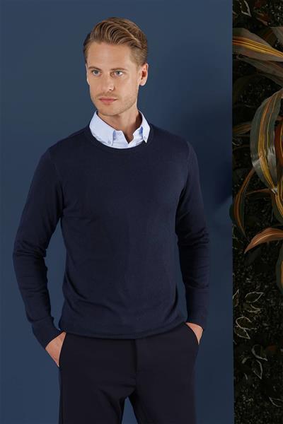 Slim Fit Ribanalı Düz Lacivert Yünlü Bisiklet Yaka Triko Kazak TR 858