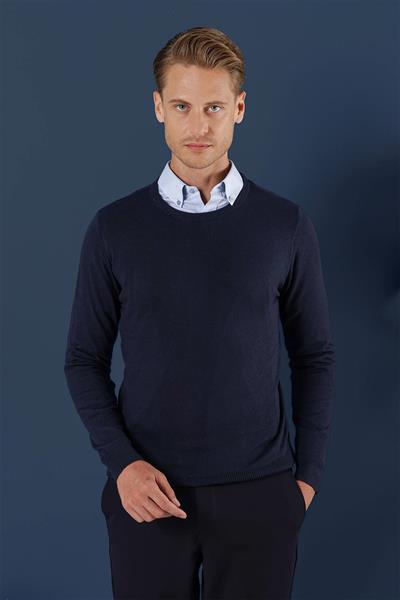 Slim Fit Ribanalı Düz Lacivert Yünlü Bisiklet Yaka Triko Kazak TR 858