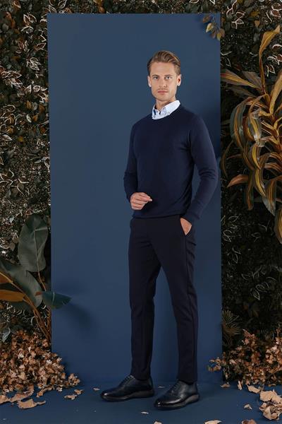 Slim Fit Ribanalı Düz Lacivert Yünlü Bisiklet Yaka Triko Kazak TR 858
