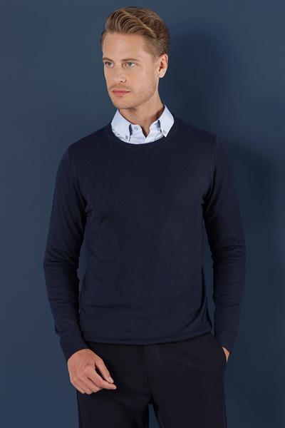 Slim Fit Ribanalı Düz Lacivert Yünlü Bisiklet Yaka Triko Kazak TR 858