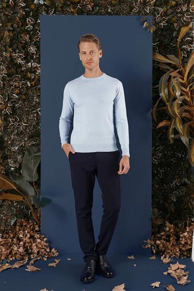 Slim Fit Ribanalı Düz Mavi Yünlü Bisiklet Yaka Triko Kazak TR 858