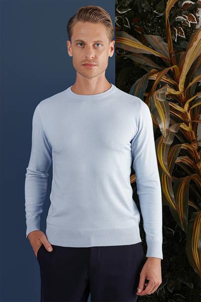 Slim Fit Ribanalı Düz Mavi Yünlü Bisiklet Yaka Triko Kazak TR 858