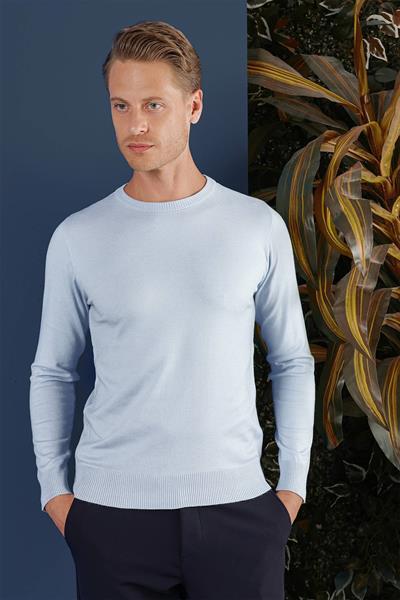 Slim Fit Ribanalı Düz Mavi Yünlü Bisiklet Yaka Triko Kazak TR 858