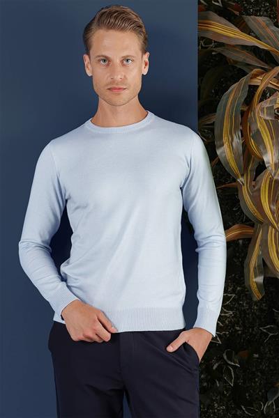 Slim Fit Ribanalı Düz Mavi Yünlü Bisiklet Yaka Triko Kazak TR 858