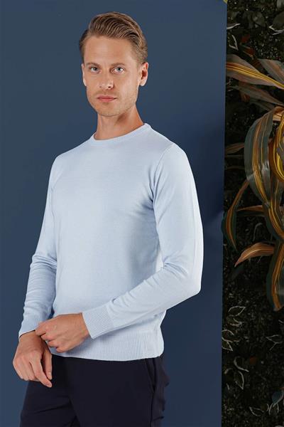 Slim Fit Ribanalı Düz Mavi Yünlü Bisiklet Yaka Triko Kazak TR 858