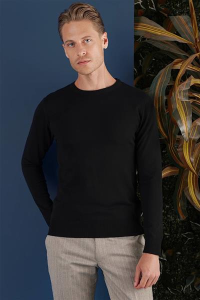 Slim Fit Ribanalı Düz Siyah Yünlü Bisiklet Yaka Triko Kazak TR 858