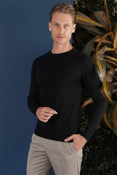 Slim Fit Ribanalı Düz Siyah Yünlü Bisiklet Yaka Triko Kazak TR 858