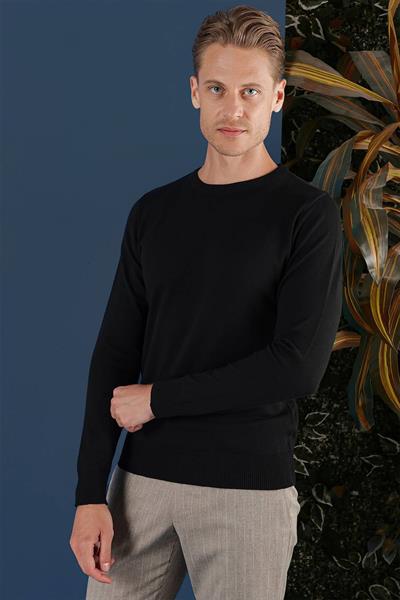 Slim Fit Ribanalı Düz Siyah Yünlü Bisiklet Yaka Triko Kazak TR 858