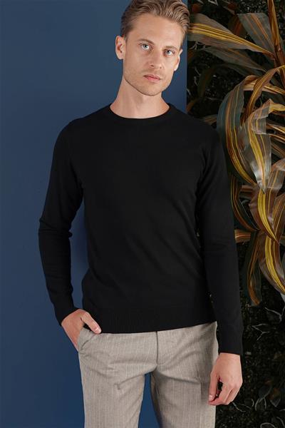 Slim Fit Ribanalı Düz Siyah Yünlü Bisiklet Yaka Triko Kazak TR 858