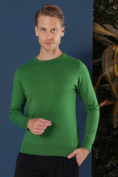 Slim Fit Ribanalı Düz Yeşil Yünlü Bisiklet Yaka Triko Kazak TR 858