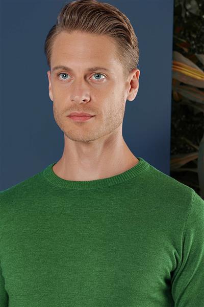 Slim Fit Ribanalı Düz Yeşil Yünlü Bisiklet Yaka Triko Kazak TR 858