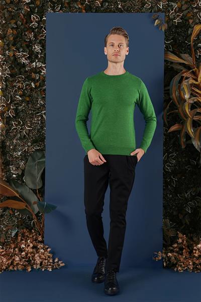 Slim Fit Ribanalı Düz Yeşil Yünlü Bisiklet Yaka Triko Kazak TR 858