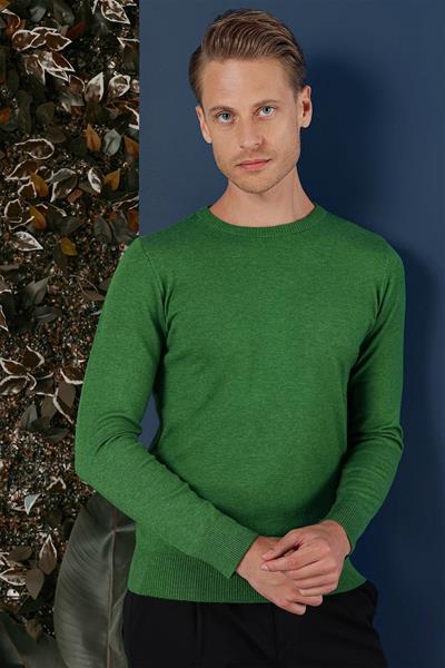 Slim Fit Ribanalı Düz Yeşil Yünlü Bisiklet Yaka Triko Kazak TR 858