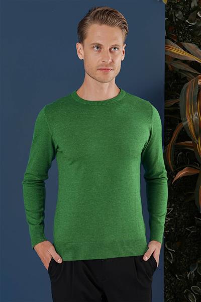 Slim Fit Ribanalı Düz Yeşil Yünlü Bisiklet Yaka Triko Kazak TR 858