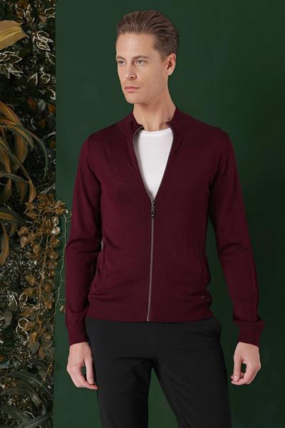 Slim Fit Ribanalı Bordo Yünlü Fermuarlı Hırka Triko Kazak TR 860