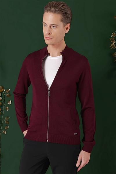 Slim Fit Ribanalı Bordo Yünlü Fermuarlı Hırka Triko Kazak TR 860