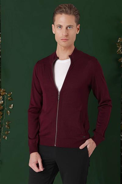 Slim Fit Ribanalı Bordo Yünlü Fermuarlı Hırka Triko Kazak TR 860