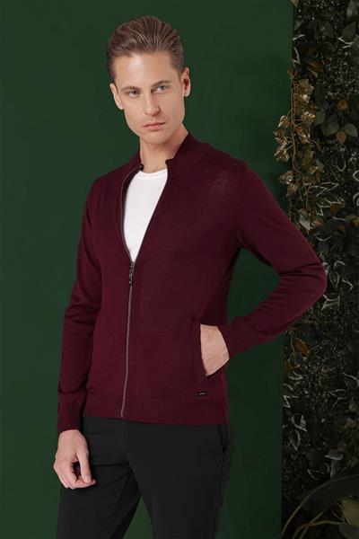 Slim Fit Ribanalı Bordo Yünlü Fermuarlı Hırka Triko Kazak TR 860