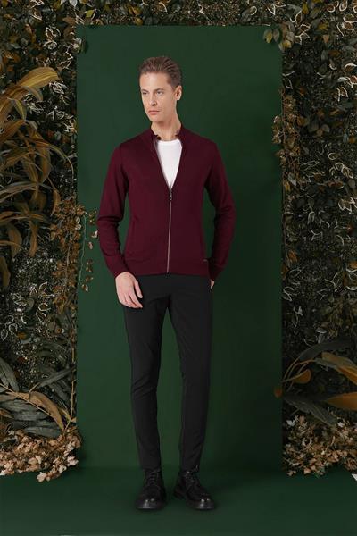 Slim Fit Ribanalı Bordo Yünlü Fermuarlı Hırka Triko Kazak TR 860