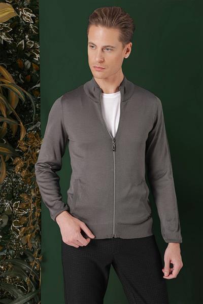 Slim Fit Ribanalı Füme Yünlü Fermuarlı Hırka Triko Kazak TR 860