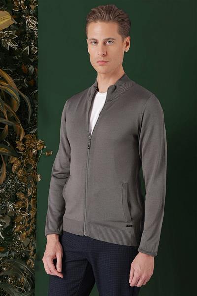 Slim Fit Ribanalı Füme Yünlü Fermuarlı Hırka Triko Kazak TR 860
