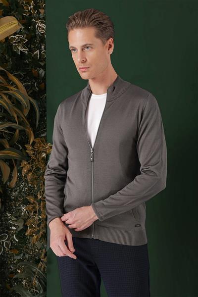 Slim Fit Ribanalı Füme Yünlü Fermuarlı Hırka Triko Kazak TR 860
