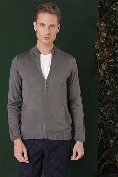 Slim Fit Ribanalı Füme Yünlü Fermuarlı Hırka Triko Kazak TR 860
