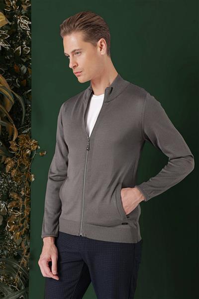Slim Fit Ribanalı Füme Yünlü Fermuarlı Hırka Triko Kazak TR 860