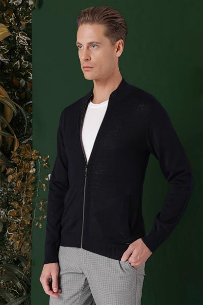 Slim Fit Ribanalı Lacivert Yünlü Fermuarlı Hırka Triko Kazak TR 860
