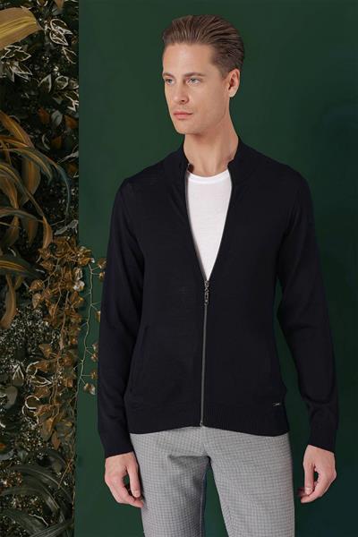Slim Fit Ribanalı Lacivert Yünlü Fermuarlı Hırka Triko Kazak TR 860