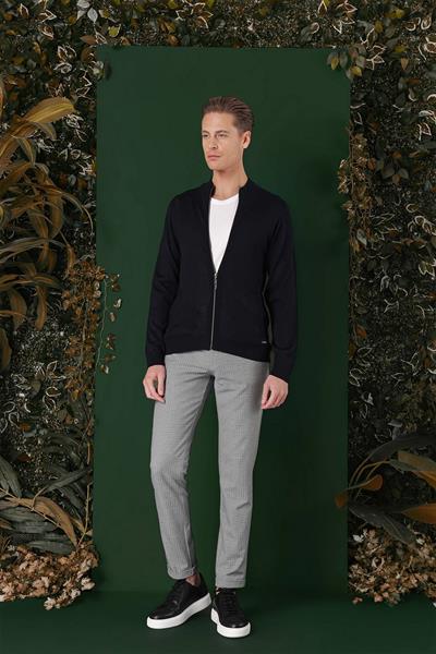 Slim Fit Ribanalı Lacivert Yünlü Fermuarlı Hırka Triko Kazak TR 860