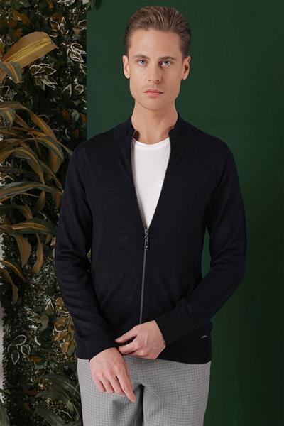 Slim Fit Ribanalı Lacivert Yünlü Fermuarlı Hırka Triko Kazak TR 860