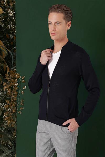 Slim Fit Ribanalı Lacivert Yünlü Fermuarlı Hırka Triko Kazak TR 860