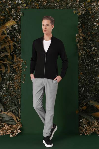 Slim Fit Ribanalı Siyah Yünlü Fermuarlı Hırka Triko Kazak TR 860